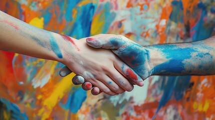 Two painted hands shaking against a colorful, abstract background, symbolizing artistic collaboration and friendship.