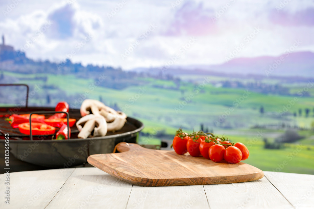 Poster grill and grilled vegetables. wooden table background with copy space for food and products. image f