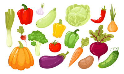 A large set of vegetables in a colorful cartoon style, isolated on a white background. Collectible farm produce for restaurant menu, market label. Organic products from the farm