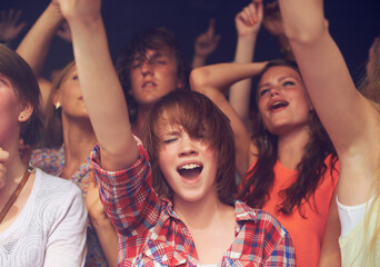 Concert, audience and people singing at music festival, live performance or show for freedom,...