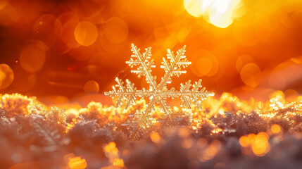 Close-up of a single snowflake against a warming orange backdrop, symbolizing climate-induced changes in winter patterns