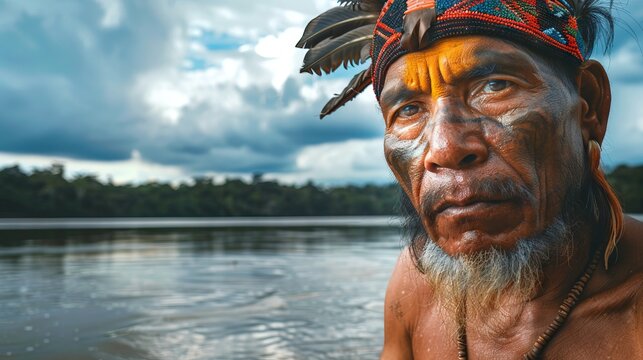 Tikuna man in front of amazon river