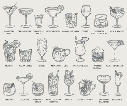 Beautiful hand drawn collection of drinks and cocktails - vector illustration