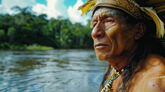 Tikuna man in front of amazon river