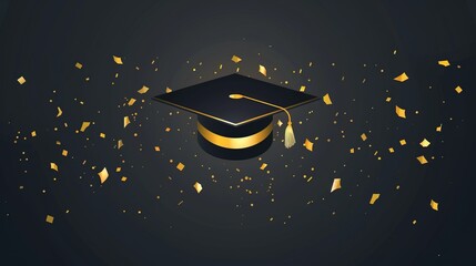 This image showcases a graduation cap floating amidst a shower of golden confetti on a dark background, symbolizing achievement and celebration in a sophisticated manner.