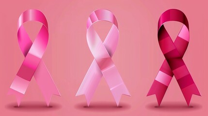 This image displays three distinct pink ribbons on a soft pink background, widely recognized as a symbol of breast cancer awareness and support for affected individuals.