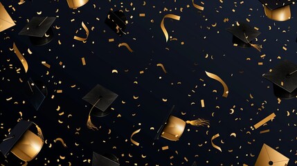 This image features flying graduation caps and golden confetti scattered against a dark background, epitomizing the elation and pride of graduation ceremonies.