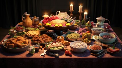 Naklejka premium Lavish candlelit banquet spread, 3D family table with various types of traditional Ramadan meals