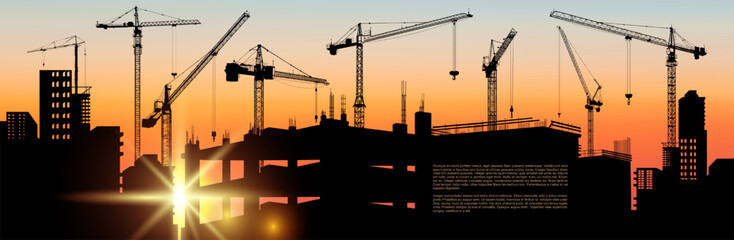 Vector with house building at orange sunset. Construction site with a tower cranes. Construction of business centers, shopping centers, residential buildings. Panoramic view of the construction site.