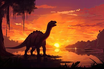 Majestic dinosaur silhouette at sunset, beautiful, dreamy sunset with silhouette of dinosaur in the foreground
