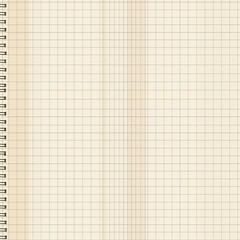 A detailed depiction of an open spiral notebook with graph paper, featuring perfectly aligned squares that are ideal for technical drawings, mathematics, and structured note-taking.
