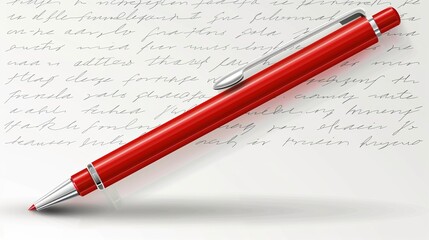A bright red pen prominently featured against a backdrop of cursive handwritten text, ideal for themes of writing, creativity, and literature. The pen appears modern and sleek.