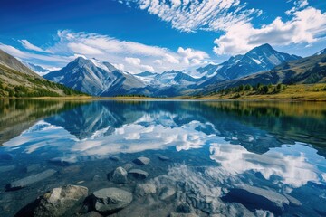 Naklejka premium Majestic mountains, serene lake, clear reflection., crystal clear reflection of mountains on quiet lake