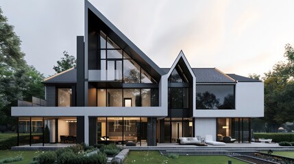 Suburban farmhouse with a modern twist, featuring angular architecture and a minimalist black and white color scheme