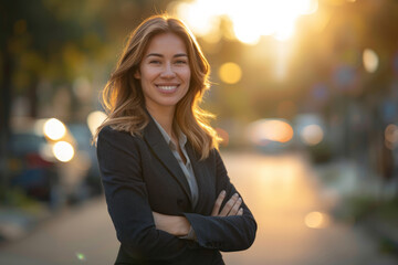 Portrait of a young happy pretty smiling professional business woman, happy confident positive female entrepreneur standing outdoor on street arms crossed, looking at camera