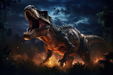 Ferocious dinosaur in a stormy forest, dramatic scene of Tyrannosaurus Rex roaring during nighttime