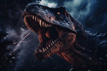 Ferocious dinosaur in a stormy forest, dramatic scene of Tyrannosaurus Rex roaring during nighttime