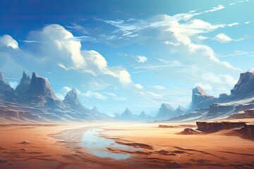 Vast golden desert, dramatic cloudy sky, dreamlike desert landscape with floating sand dunes and mirages