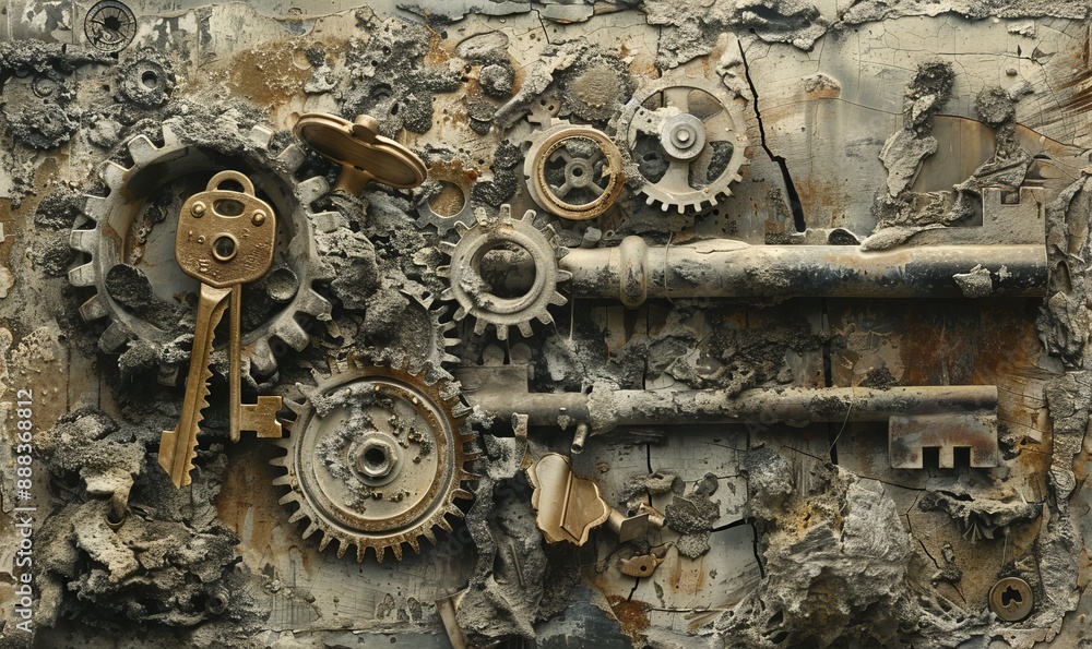 Poster found objects like keys and gears are embedded in plaster, creating a textural and narrative artwork