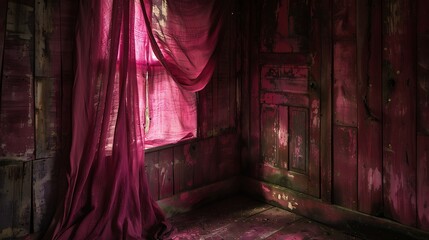 A magenta cloth window rustic old wooden interior room