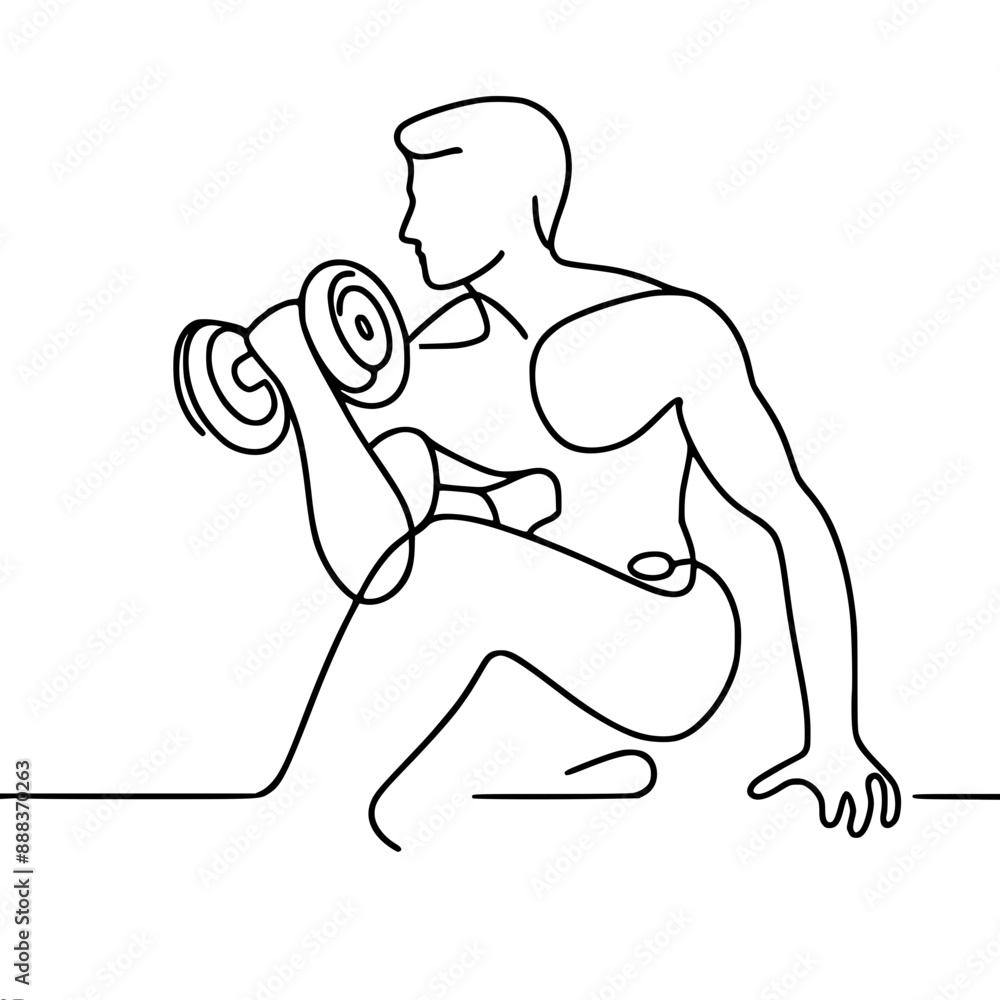 Poster one line vector drawing of an athletic man doing a dumbbell exercise, showing the simplicity and ele