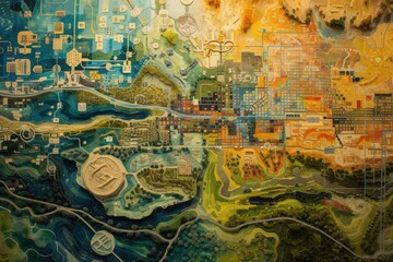 Colorful, abstract cityscape painting, abstract interpretation of the high-tech Silicon Valley