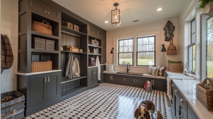 suburban farmhouse with a custom-designed mudroom featuring individual lockers, a dog wash station, and plenty of storage for outdoor gear