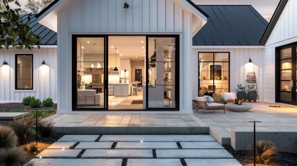 suburban farmhouse with a modern twist, featuring clean lines, large glass doors, and a minimalist landscaping approach