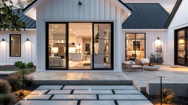 suburban farmhouse with a modern twist, featuring clean lines, large glass doors, and a minimalist landscaping approach