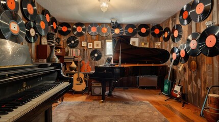 suburban farmhouse with a dedicated music room, featuring a grand piano, vintage musical instruments, and walls lined with classic vinyl records