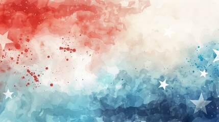 Obraz premium This image features a vivid watercolor splash blending red and blue hues with white stars, creating a dynamic and patriotic abstract composition on canvas.