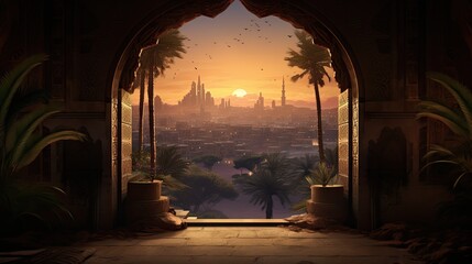 Majestic archway, moonlit fantasy cityscape, antique door opening to an Arabian city under Ramadans night sky