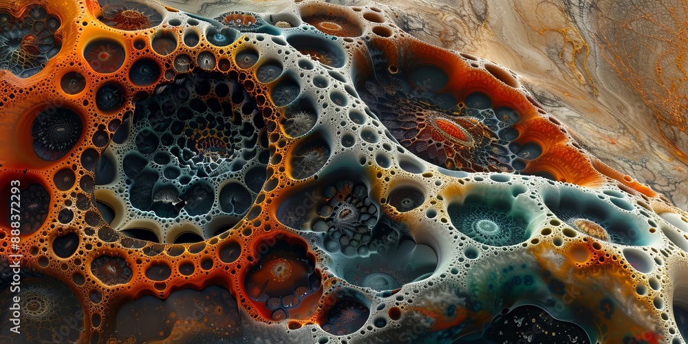 Poster abstract painting with intricate patterns and detailed textures, evoking a sense of depth and comple