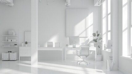 The image shows a modern office space featuring a white desk, a sleek chair, and minimalist furniture arrangement. The room is illuminated by natural light from large windows.