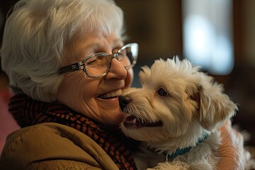 Elderly smiling woman, fluffy white dog., elderly woman experiencing joy while playing with puppy
