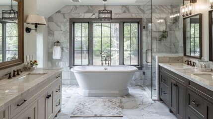 suburban farmhouse with a luxurious master bathroom, featuring a freestanding soaking tub, dual vanities, and marble tiles