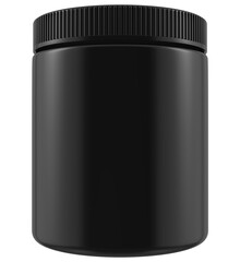 A black jar with a lid sits on a white background