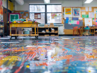 Fototapeta premium A blurred art classroom, splashes of color barely distinguishable, hinting at creativity and chaos