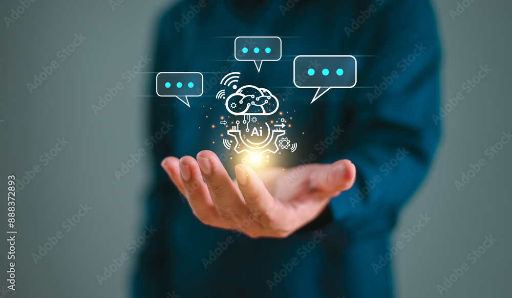 Poster chat ai, artificial intelligence network communication concept. businessman use website on smartphon