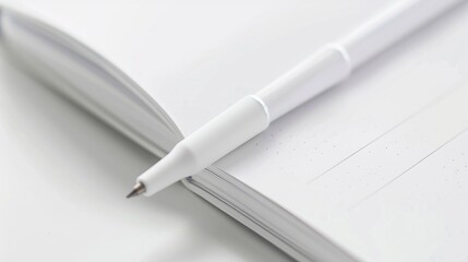 This image presents a close-up view of a white pen resting on the edge of an open notebook, signifying the beginning of a writing journey or creative process.