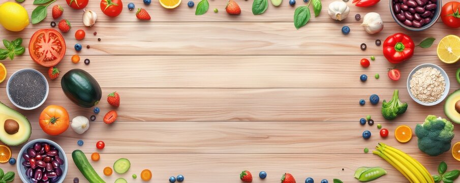 A wooden background surrounded by fresh produce, perfect for food or health related concepts.