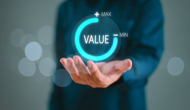 Growth value, increase value service, company value added, business growth concept. Business man show circle bar info graphic technology background. Sale digital marketing leadership success target