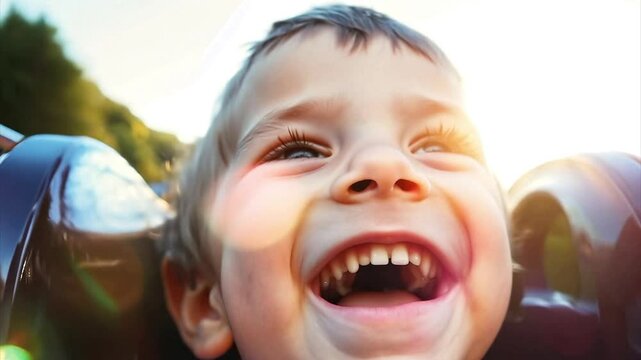 Close up of a young boy screaming with joy while riding on a roller coaster.