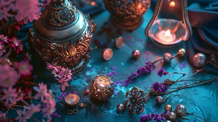 A set of metallic trinkets on a blue and orchid backdrop