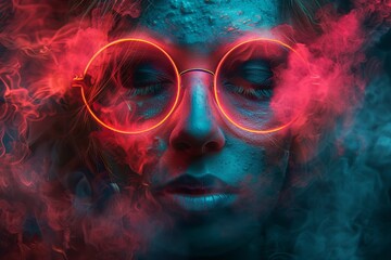 Obraz premium Artistic portrait of a person with neon red and blue lighting set against a dark smoky background highlighting vibrant energy modern fashion and creative expression