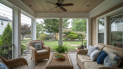 suburban farmhouse with a cozy screened porch, featuring wicker furniture, a ceiling fan, and views of the landscaped backyard garden