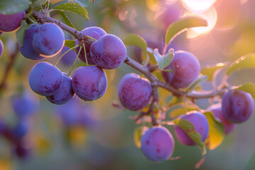 Branch of maturing purple plums during sunset