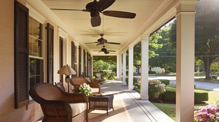suburban farmhouse with a spacious front porch featuring wicker furniture, ceiling fans, and a view of the flower-lined walkway