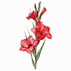 a chibi gladiolus, watercolor illustration, vibrant red, isolated on white background