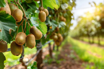 Obraz premium Fresh kiwifruits hanging on trees in a beautiful sun-drenched orchard